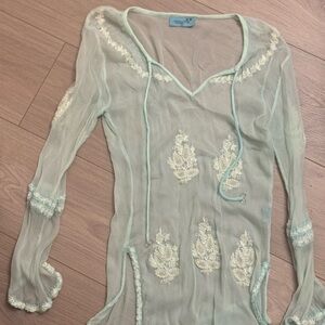 Letarte beaded sequin Sheer Embroidered Tunic coverup teal seafoam green